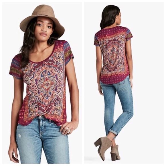 LUCKY BRAND BOHO PERSIAN CARPET SHORT SLEEVE PULLOVER TEE SMALL *FLAW - Picture 1 of 9